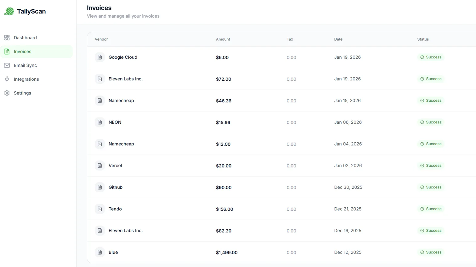 TallyScan AI dashboard showing automatic invoice data extraction and sync to Notion, Google Sheets, QuickBooks and Xero