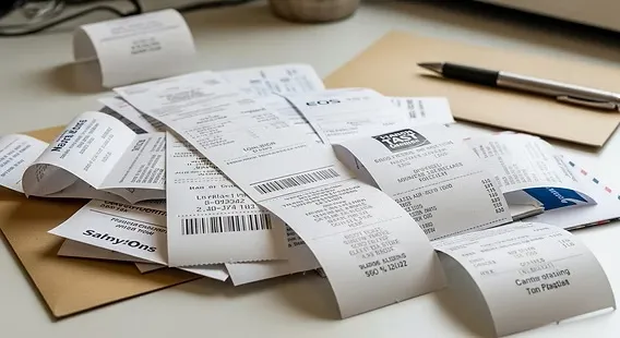 A pile of printed paper receipts representing proof of completed payments for retail purchases.