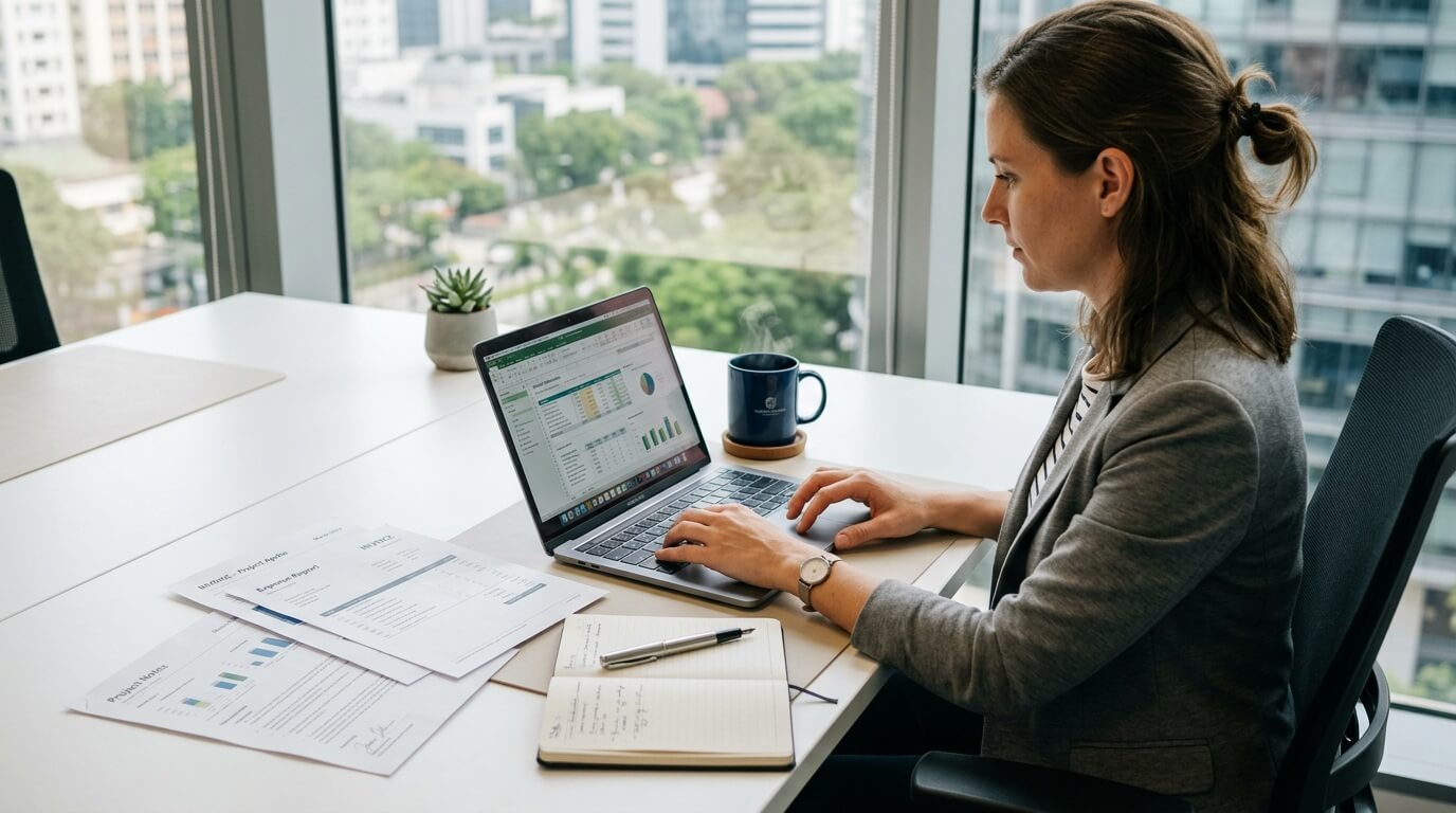Office desk with laptop and organized invoice documents — professional workflow scene
