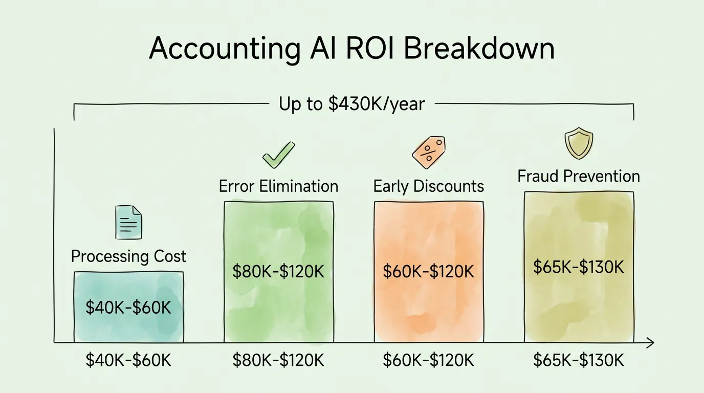 Accounting AI ROI breakdown by category: processing cost reduction, error elimination, early payment discounts, and fraud prevention totaling up to $430K per year.