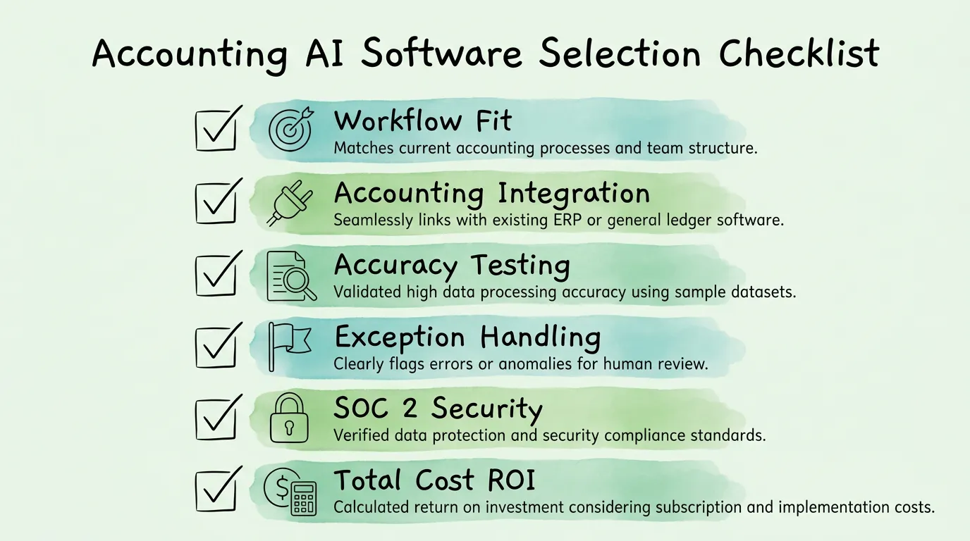 Accounting AI software selection framework showing 6 evaluation criteria: workflow fit, integration, accuracy testing, exception handling, security, and total cost.