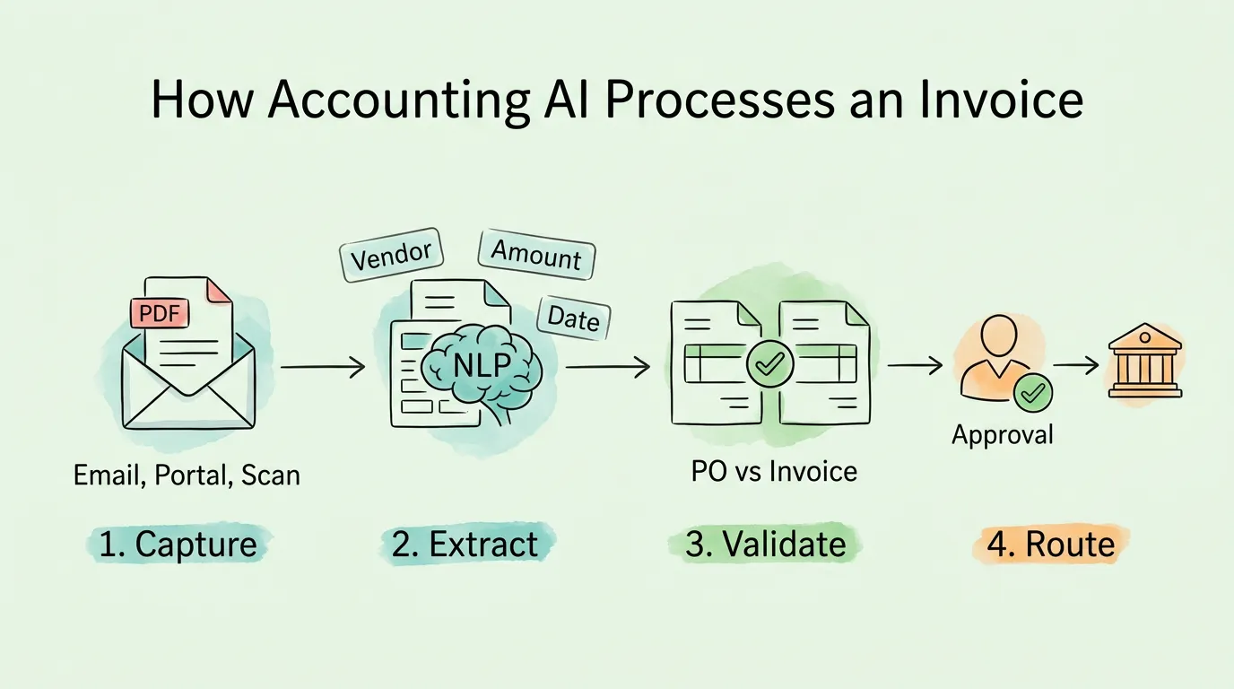 Accounting AI use cases: invoice processing, bank reconciliation, fraud detection, and financial forecasting shown as connected capabilities in a finance workflow.