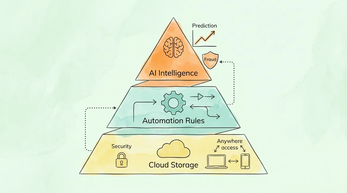 Cloud storage, automation rules, and AI intelligence: the three-layer architecture that powers modern accounting automation software.