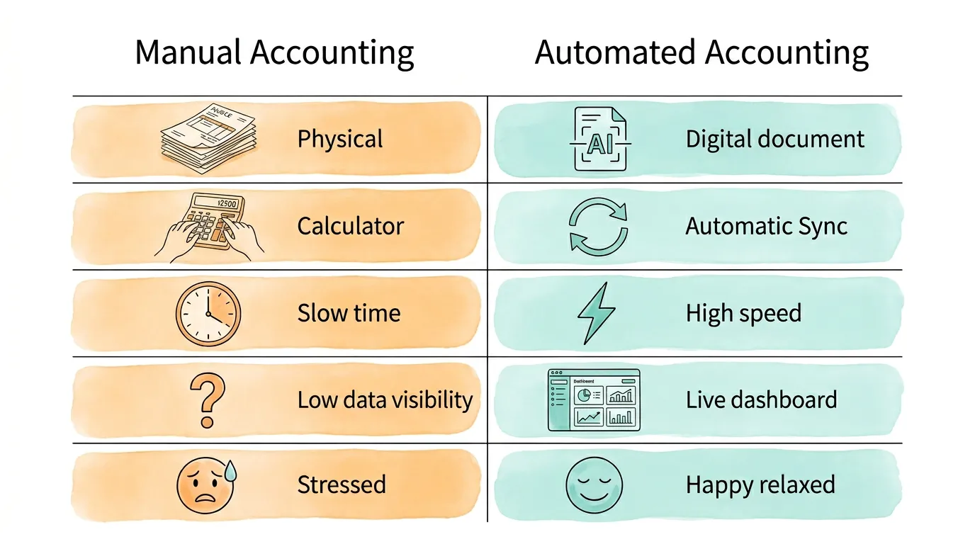 Manual vs. automated accounting: physical paperwork vs. digital AI-powered processing, slow vs. fast, stressed vs. relaxed, opaque vs. live dashboards.