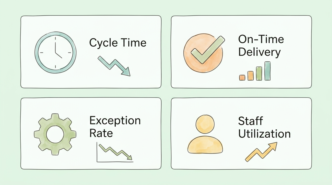 A KPI dashboard illustration showing four key accounting workflow metrics: Cycle Time (declining trend), On-Time Delivery (rising bars), Exception Rate (declining graph), and Staff Utilization (rising arrow).