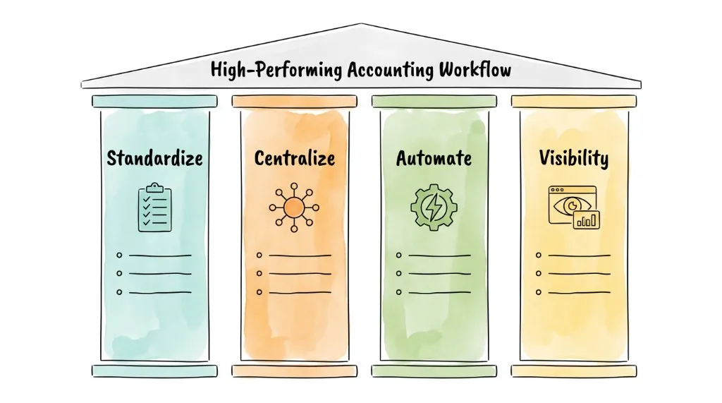 The four pillars of a high-performing accounting workflow: Standardize, Centralize, Automate, and Visibility.