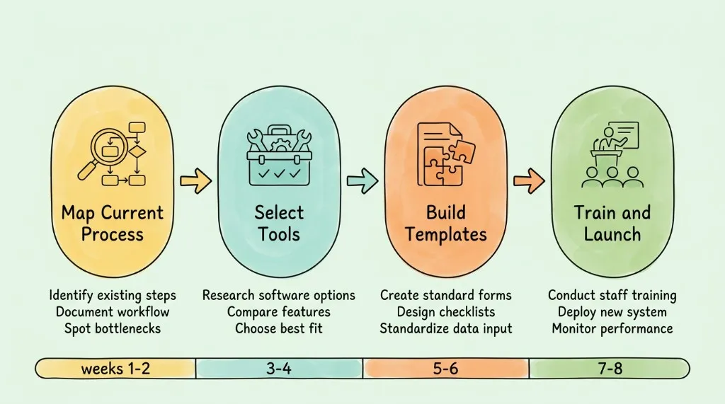 Accounting workflow implementation roadmap: Map Current Process (weeks 1-2) → Select Tools (3-4) → Build Templates (5-6) → Train and Launch (7-8).