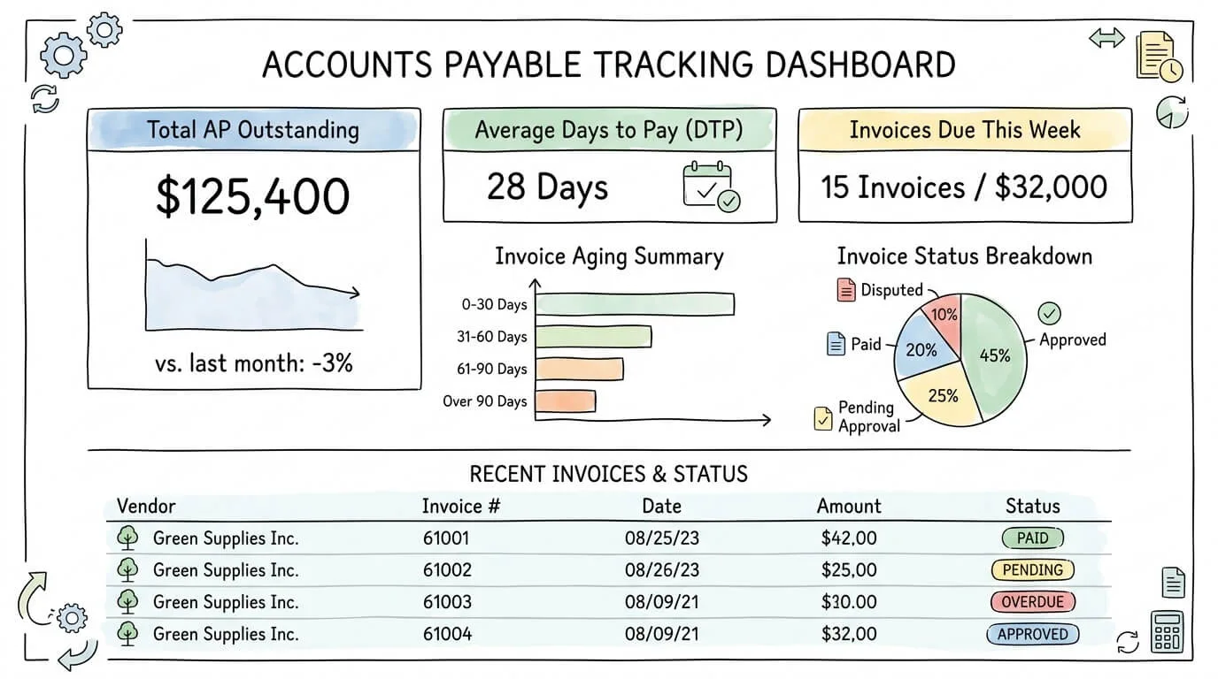 Accounts payable tracking dashboard showing KPI metrics and invoice status for business finance management.