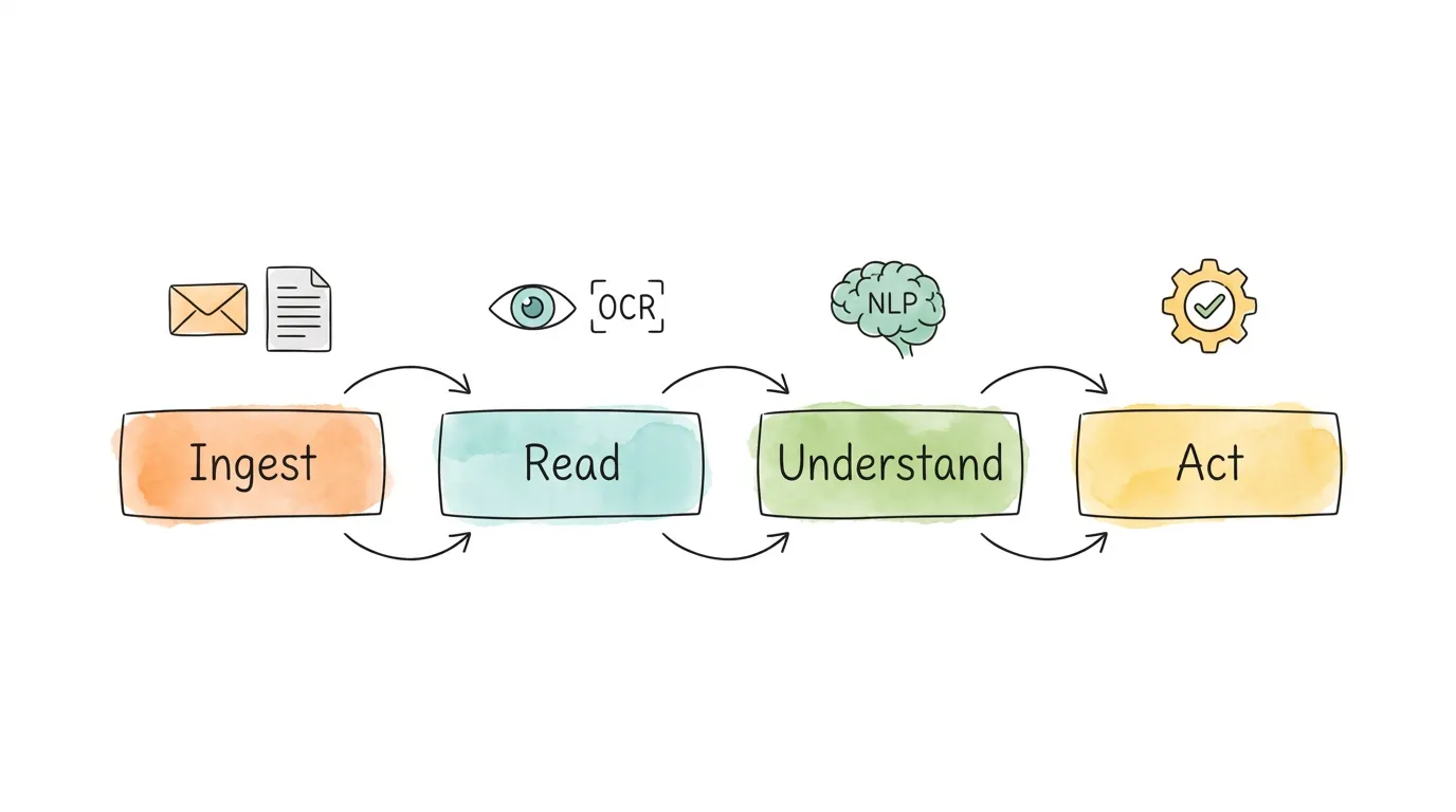 Four-step flow of an AI accounting agent: Ingest, Read (OCR), Understand (NLP), and Act autonomously.