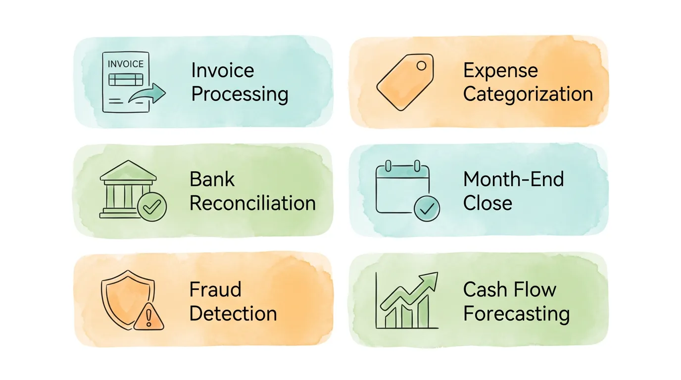 Six use cases for AI accounting agents: invoice processing, expense categorization, bank reconciliation, month-end close, fraud detection, and cash flow forecasting.