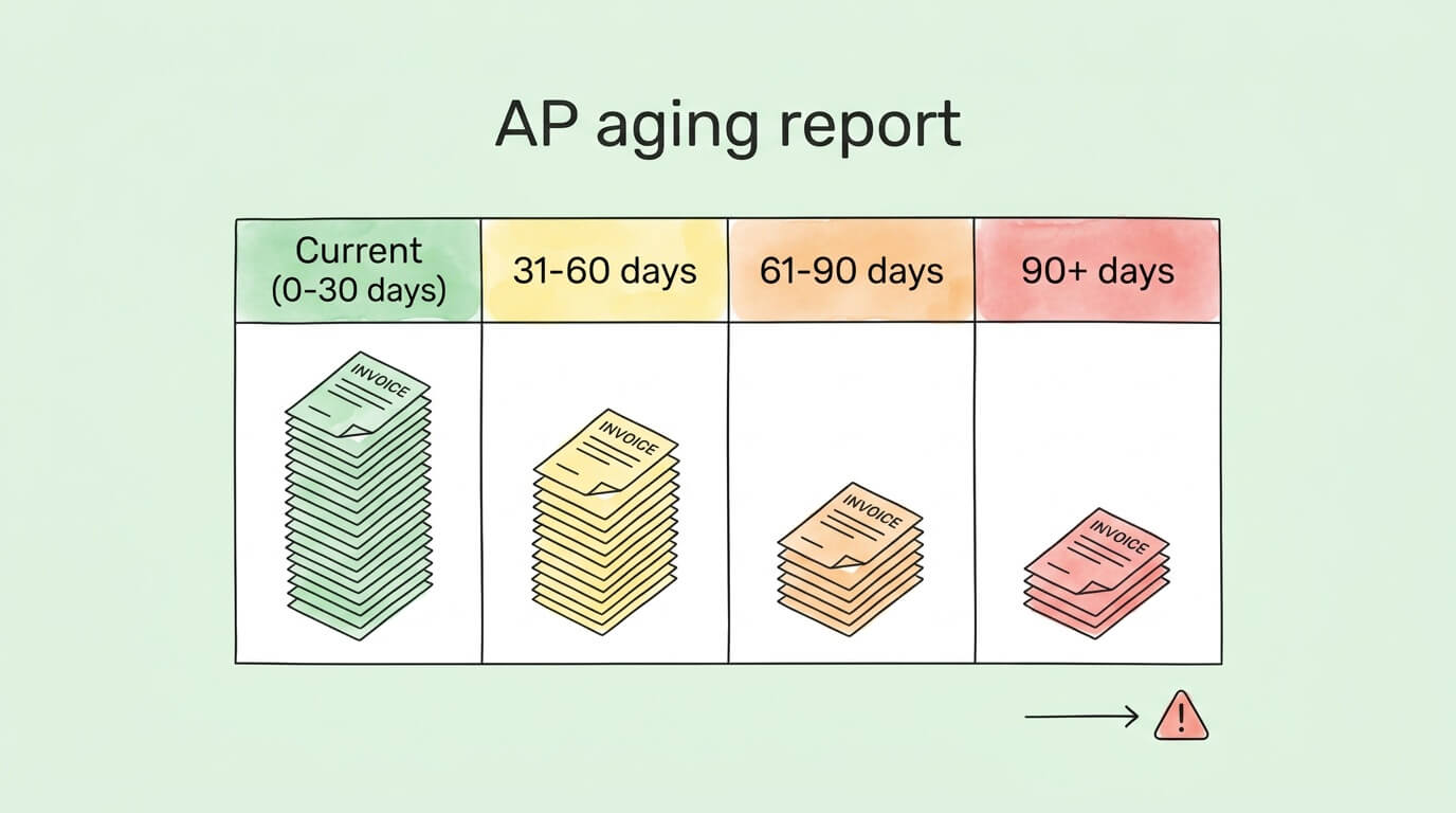 AP aging report illustration showing invoice aging buckets from current to overdue for accounts payable tracking.