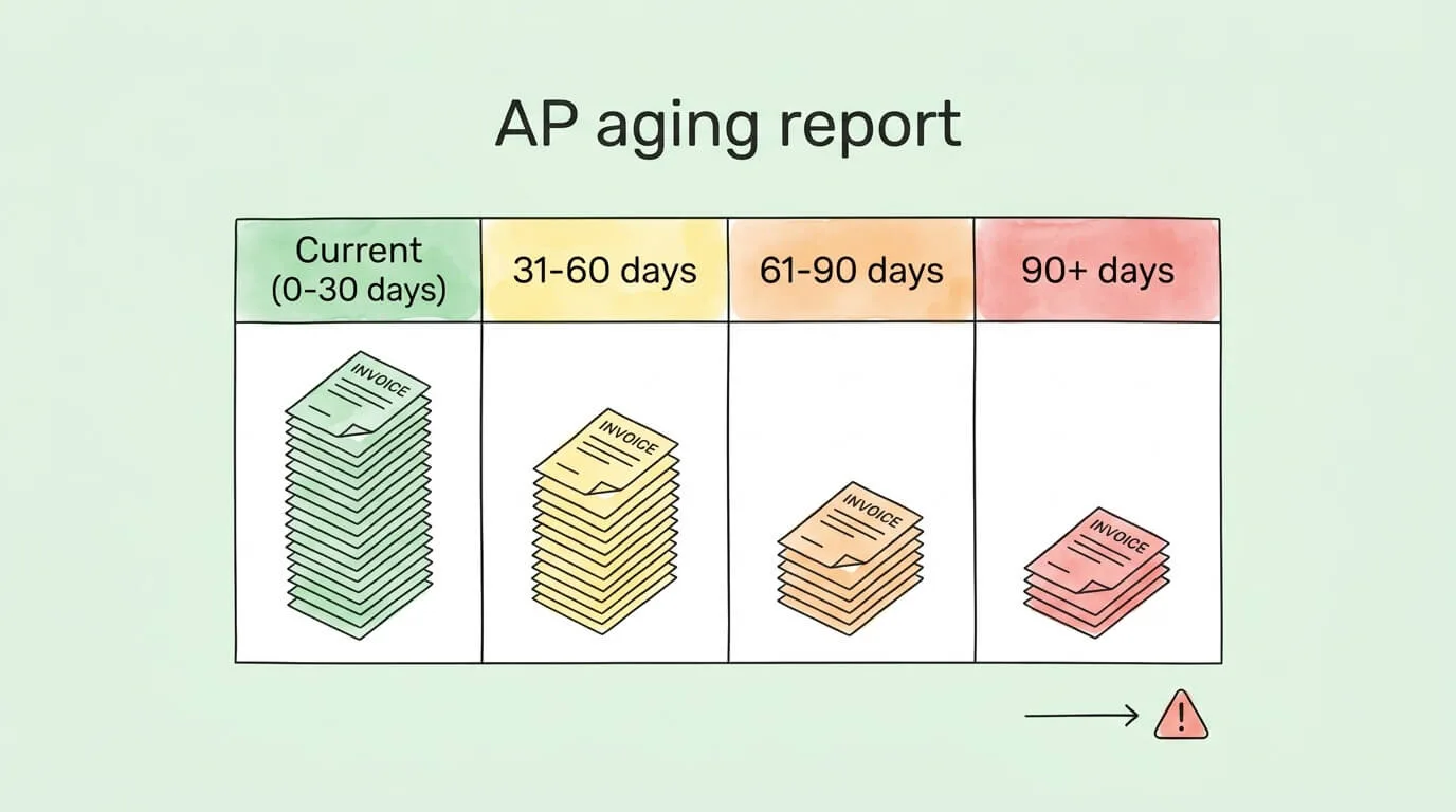 AP aging report illustration showing invoice aging buckets from current to overdue for accounts payable tracking.