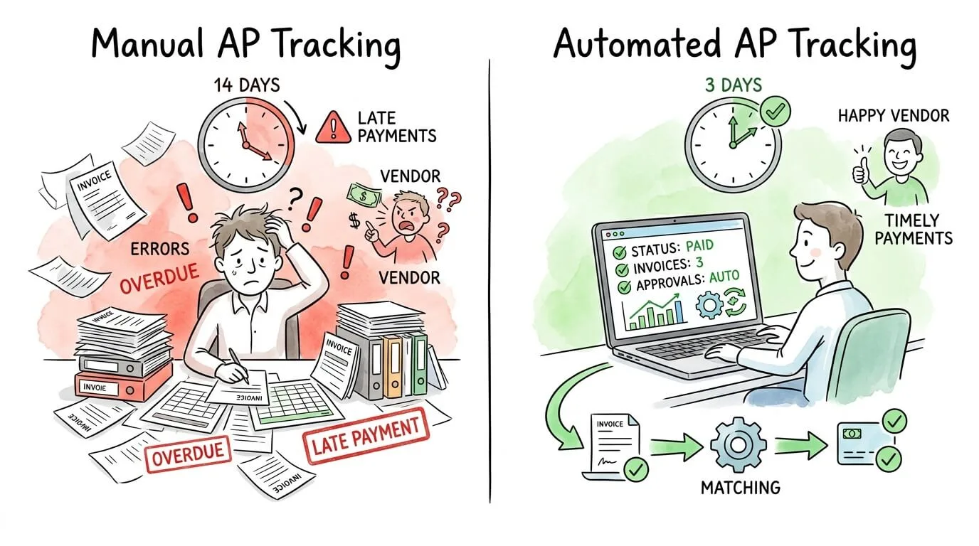 Side by side comparison of manual versus automated accounts payable tracking showing efficiency and cost differences.