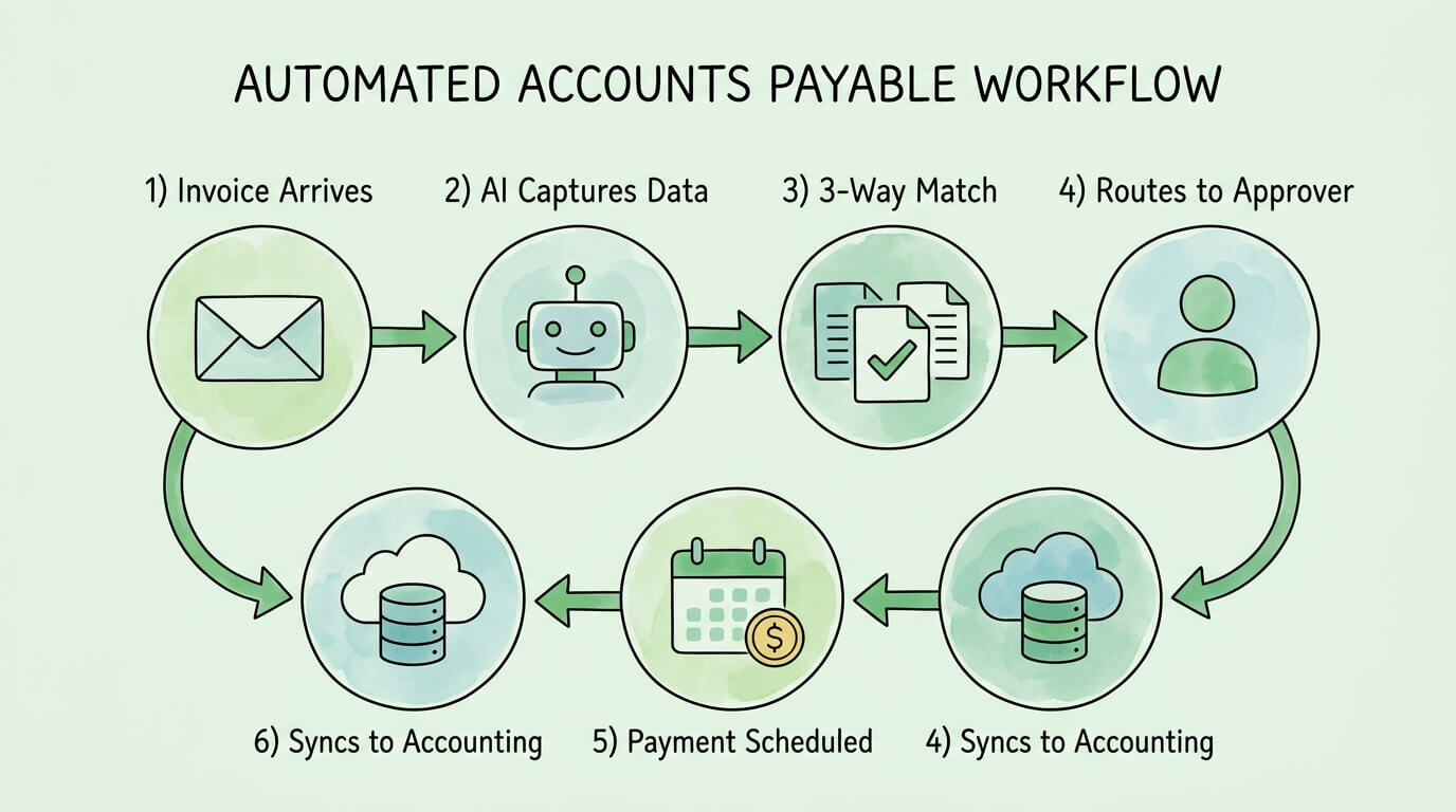 Automated accounts payable tracking workflow showing six steps from invoice receipt to accounting sync.