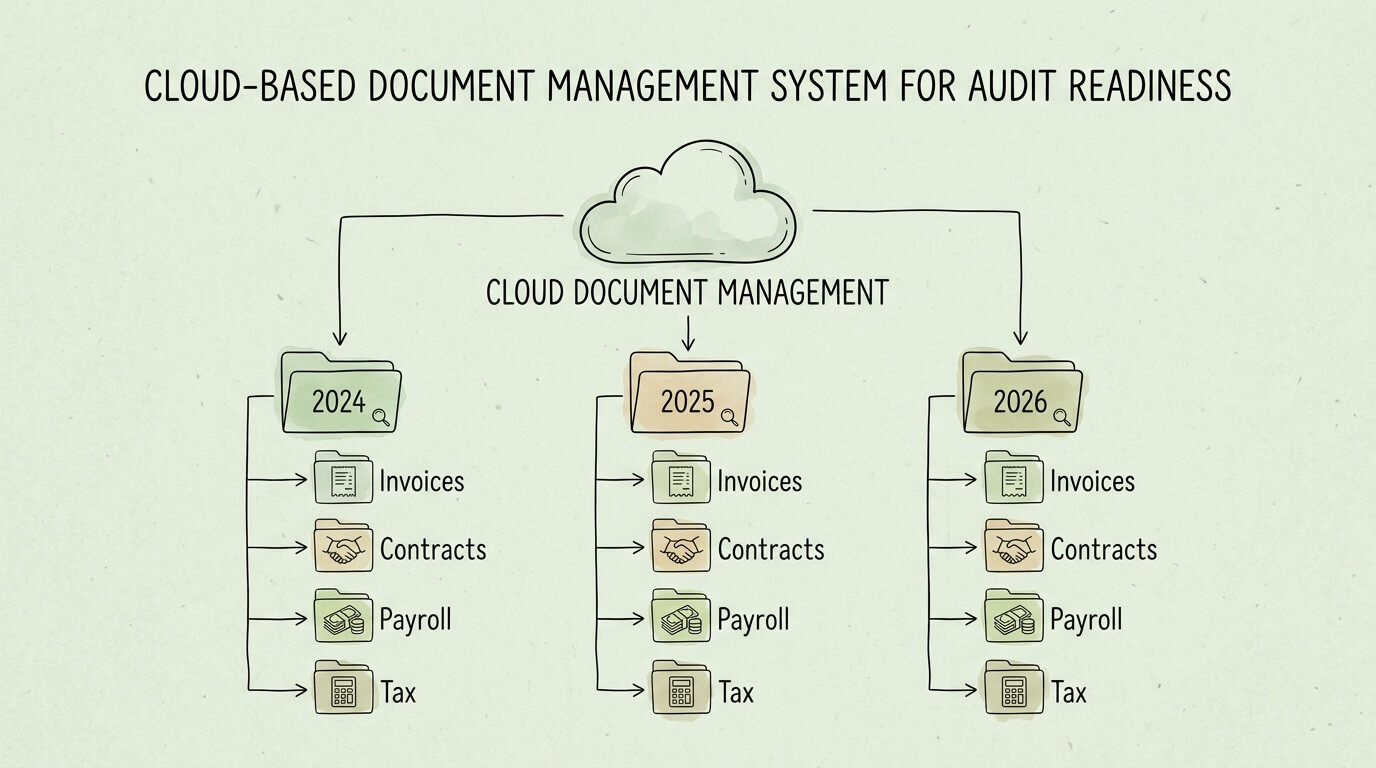 Cloud-based document management system for audit readiness with organized folders and metadata tags.