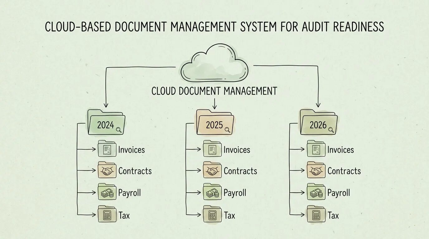 Cloud-based document management system for audit readiness with organized folders and metadata tags.