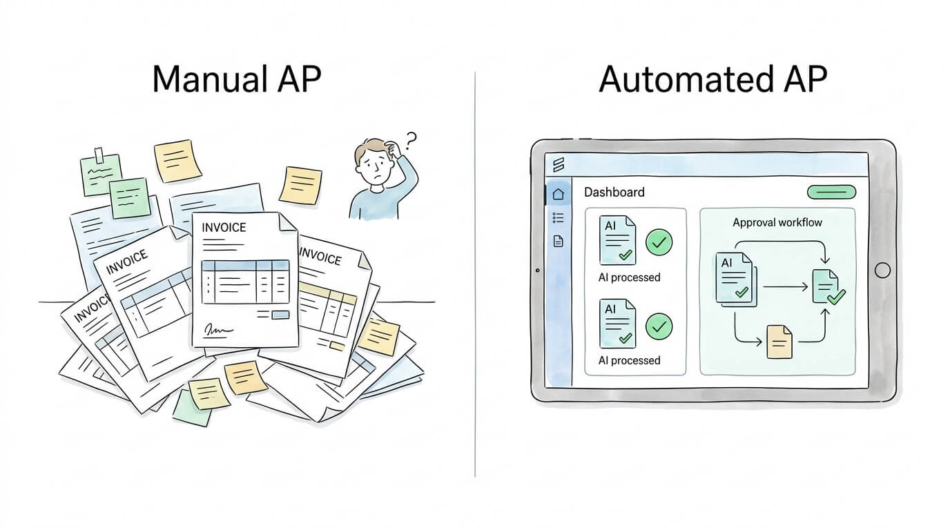 Comparison of manual vs automated invoice processing for audit readiness, showing automated AP system creating a clean audit trail.