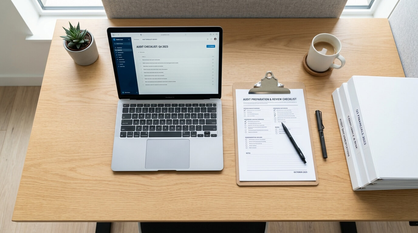 Audit preparation checklist on clipboard beside organized financial documents