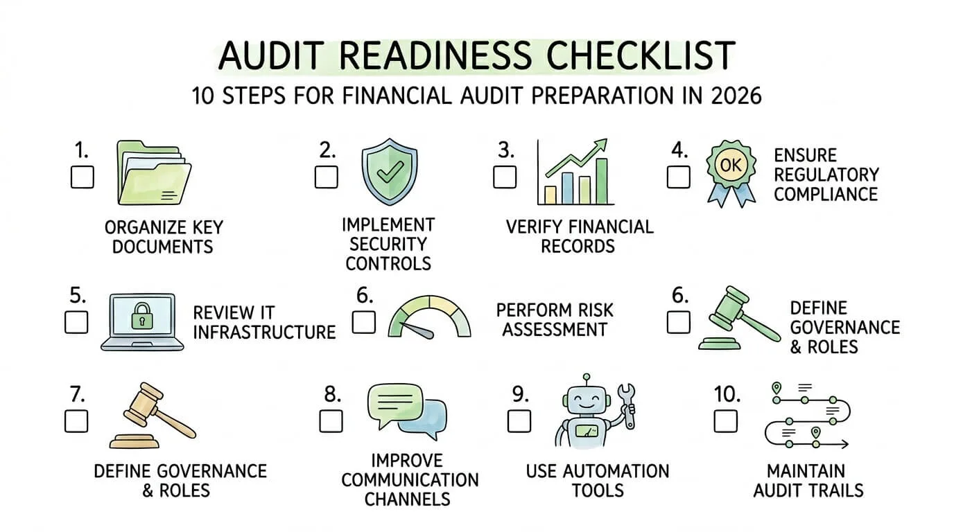 Audit readiness checklist showing 10 steps for financial audit preparation in 2026.