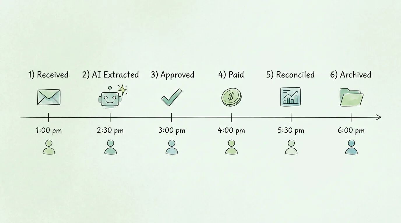 Audit trail diagram showing invoice lifecycle from receipt to archiving for financial audit readiness.