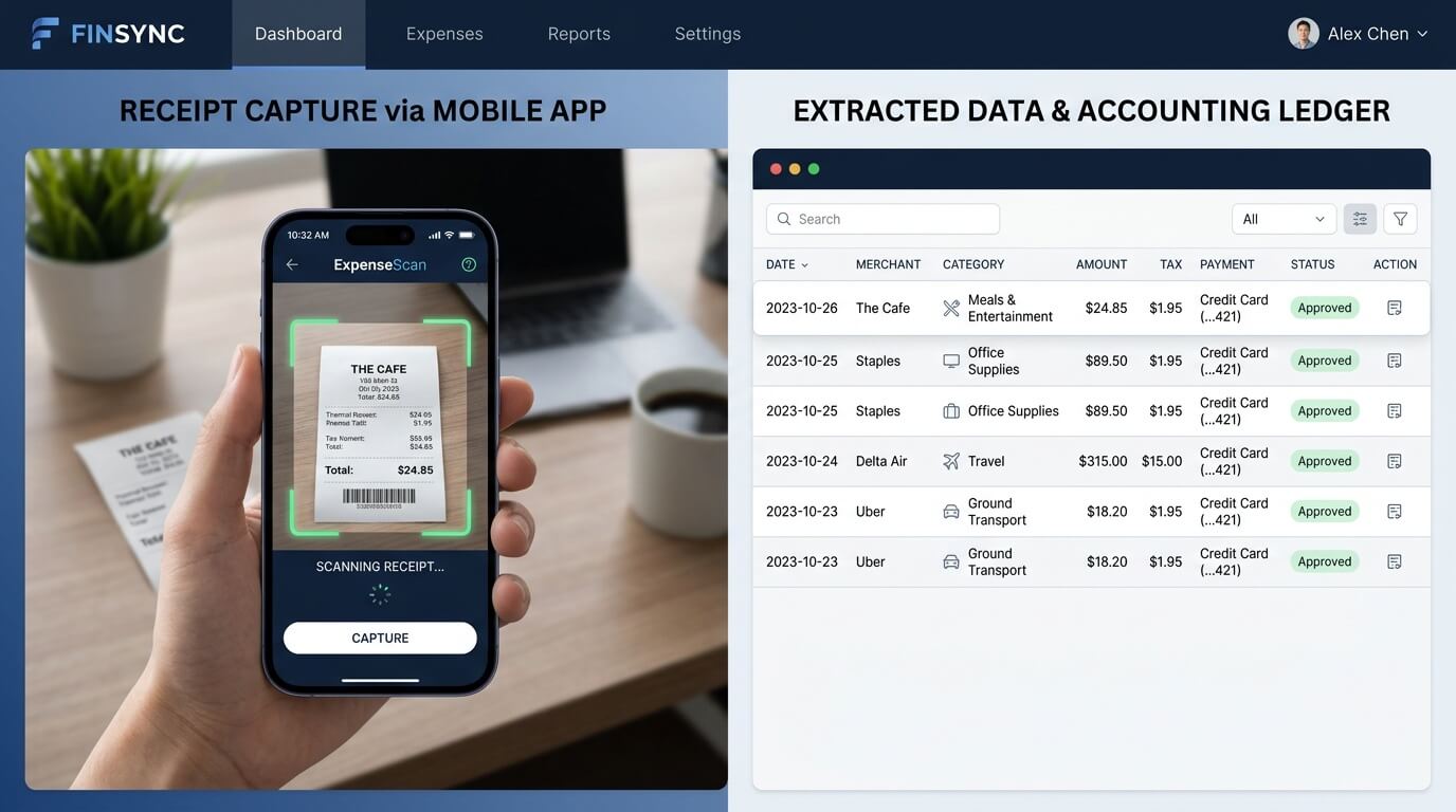 Scanning a receipt via mobile app syncing to an accounting ledger