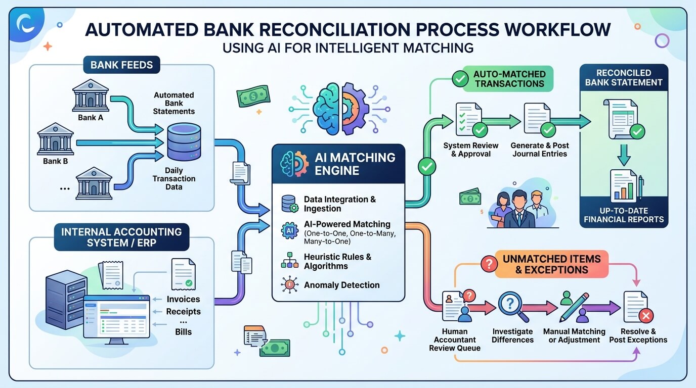 Workflow diagram showing automated bank reconciliation