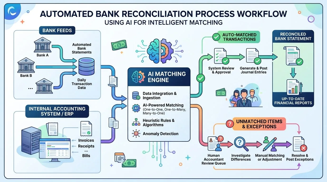 Workflow diagram showing automated bank reconciliation