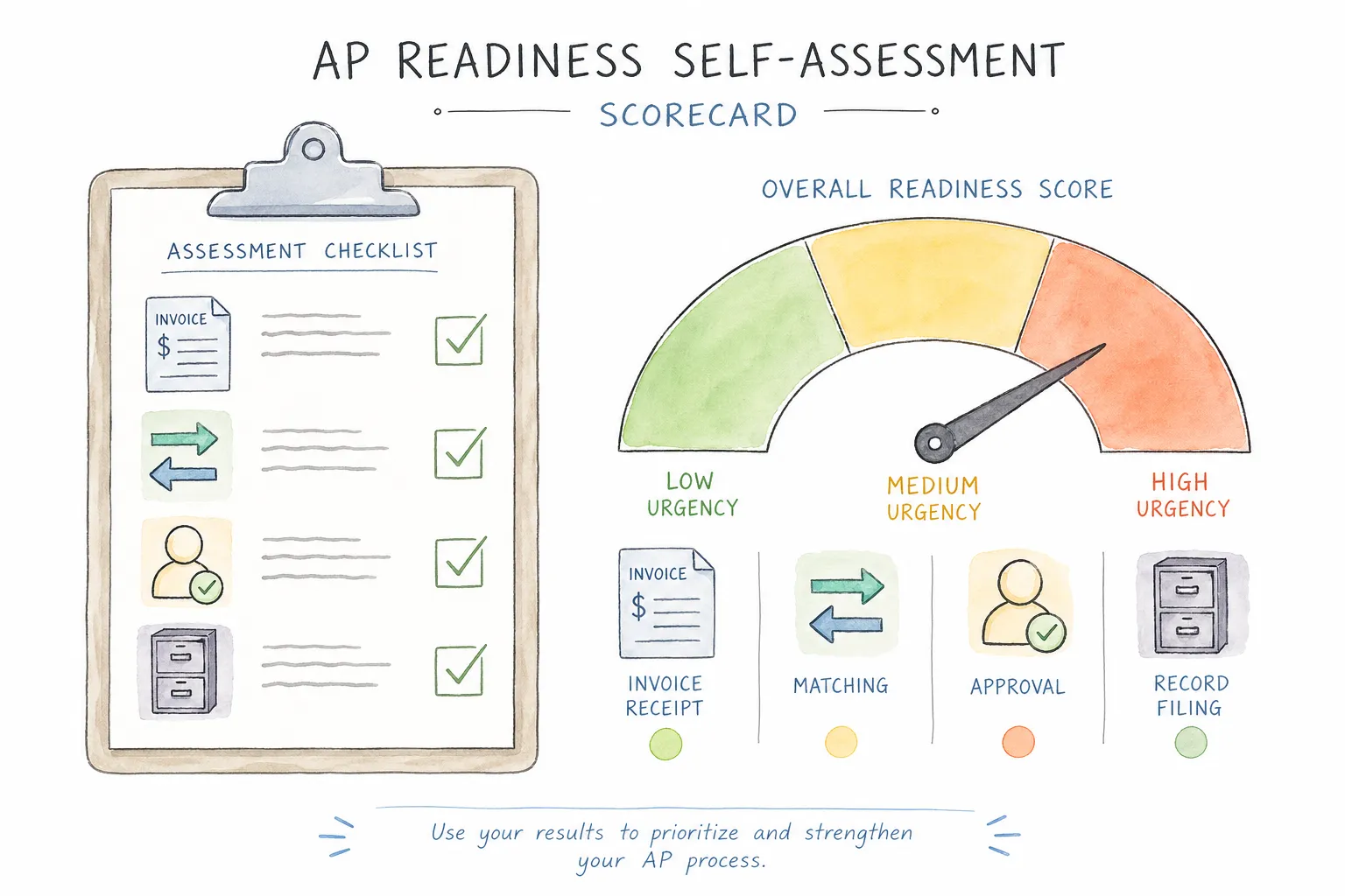 AP readiness self-assessment scorecard showing urgency levels for invoice process automation.