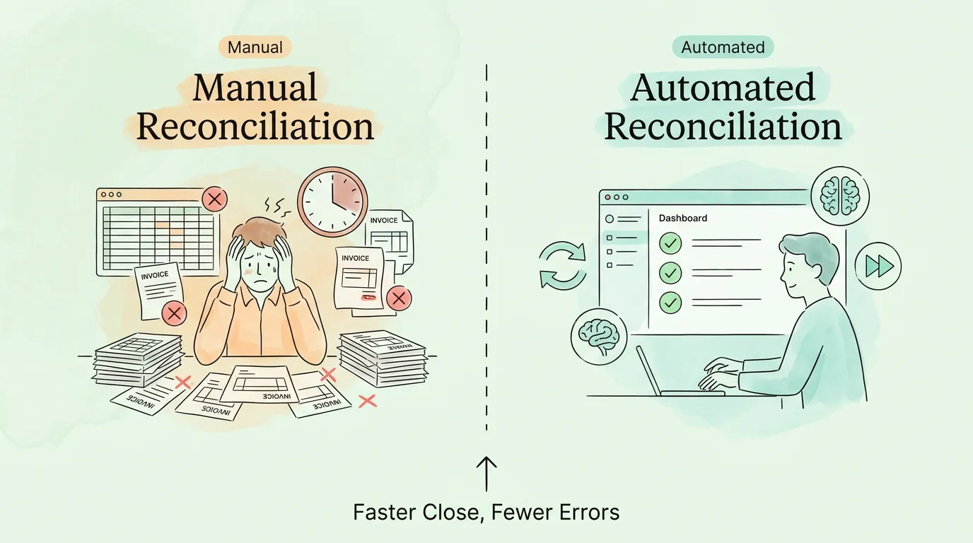Manual reconciliation vs. automated reconciliation: stressed person surrounded by errors vs. relaxed person with a clean dashboard — Faster Close, Fewer Errors.