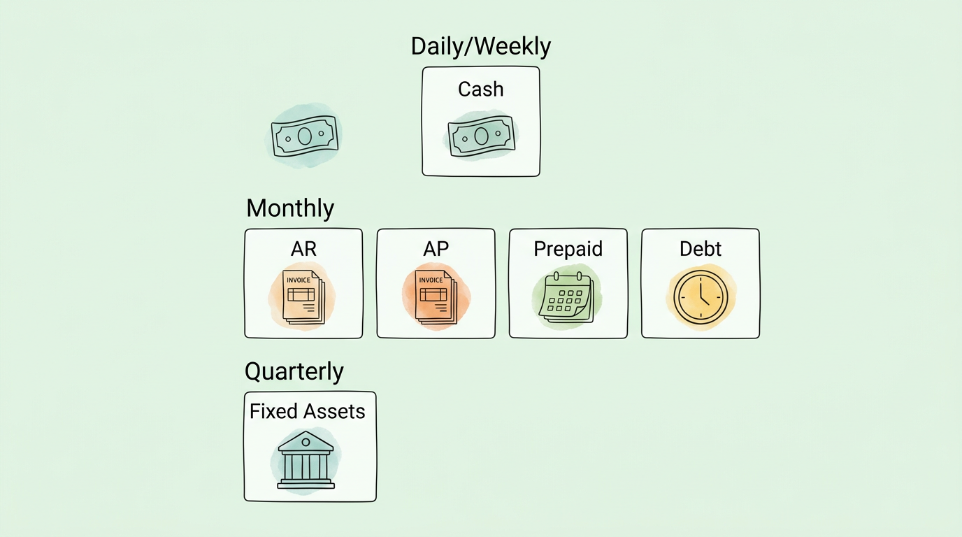 A tiered frequency diagram showing balance sheet accounts grouped by reconciliation cadence: Cash at Daily/Weekly, AR, AP, Prepaid, and Debt at Monthly, and Fixed Assets at Quarterly.