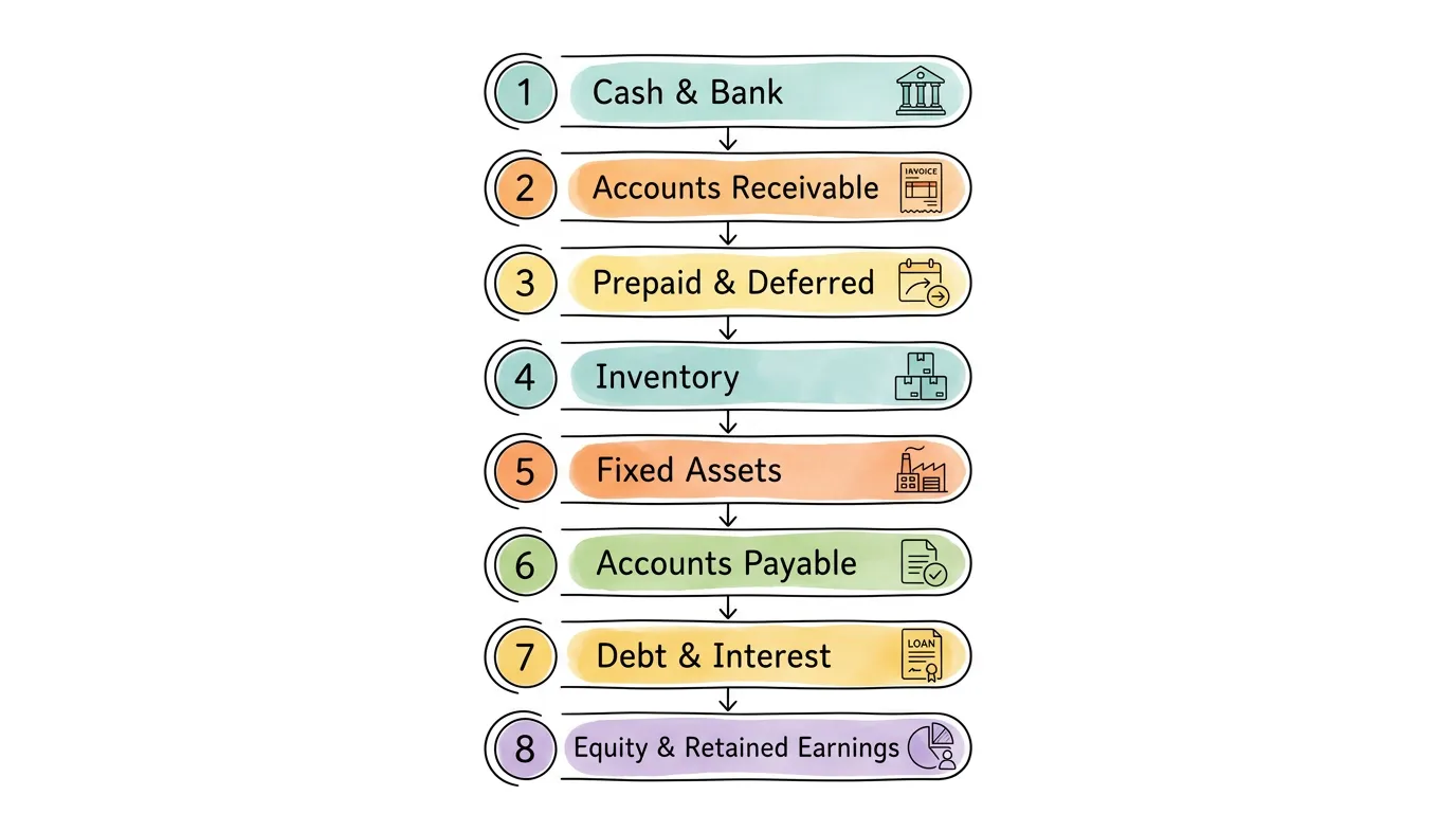 The 8-step balance sheet reconciliation checklist: Cash & Bank, Accounts Receivable, Prepaid & Deferred, Inventory, Fixed Assets, Accounts Payable, Debt & Interest, Equity & Retained Earnings.