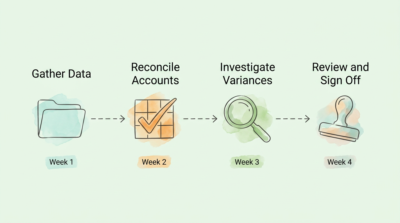 A 4-step month-end close timeline roadmap: Gather Data (Week 1), Reconcile Accounts (Week 2), Investigate Variances (Week 3), Review and Sign Off (Week 4).