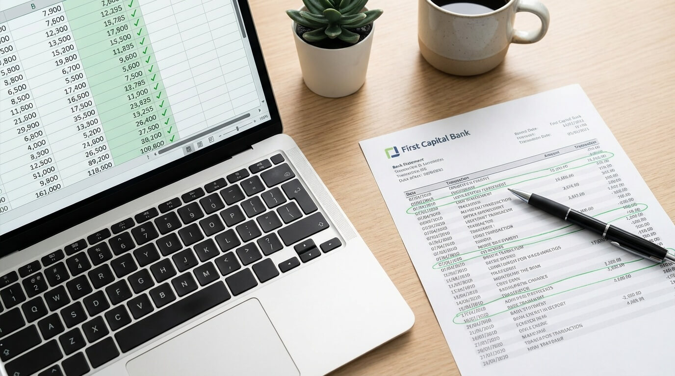 Bank reconciliation process comparing bank statement to accounting records on laptop