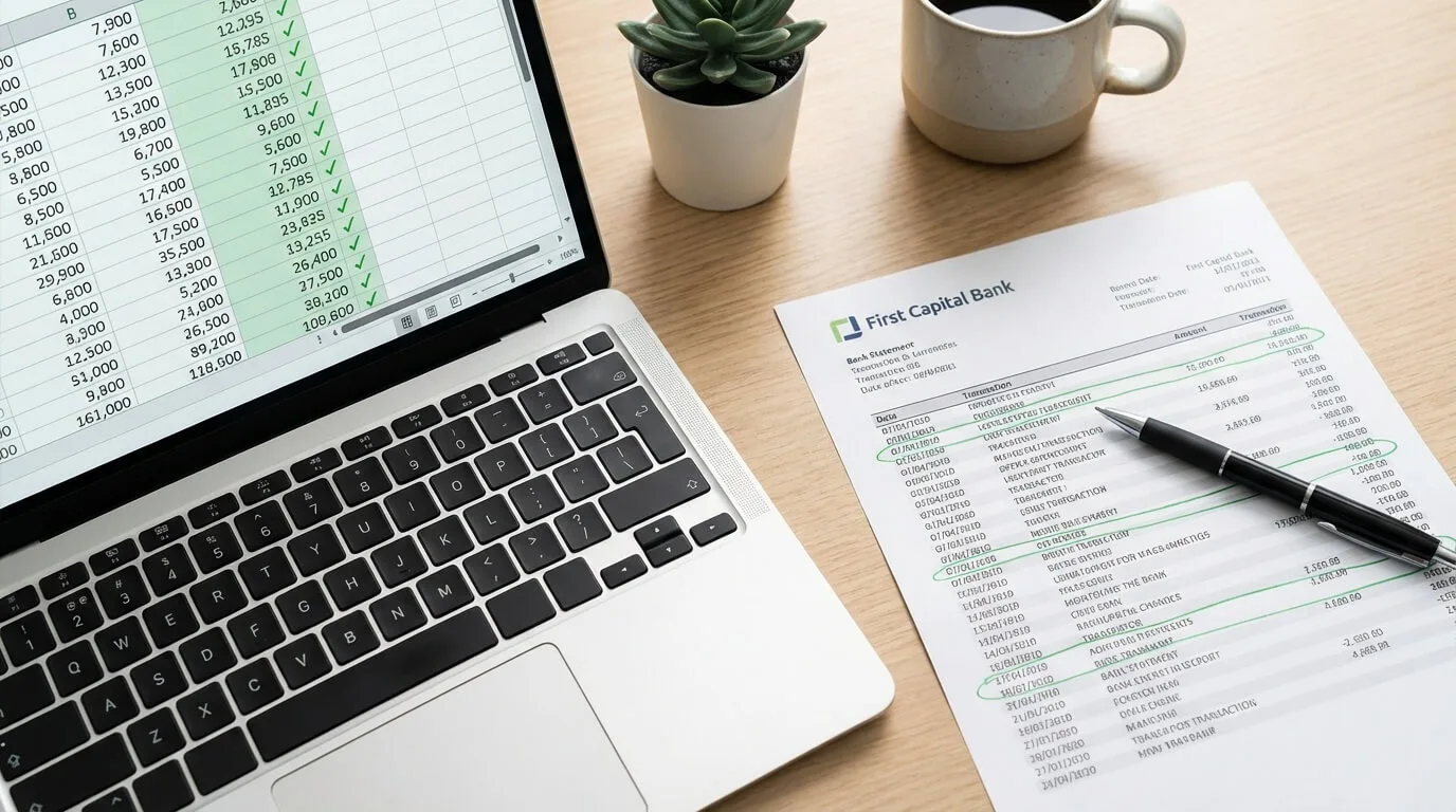 Bank reconciliation process comparing bank statement to accounting records on laptop