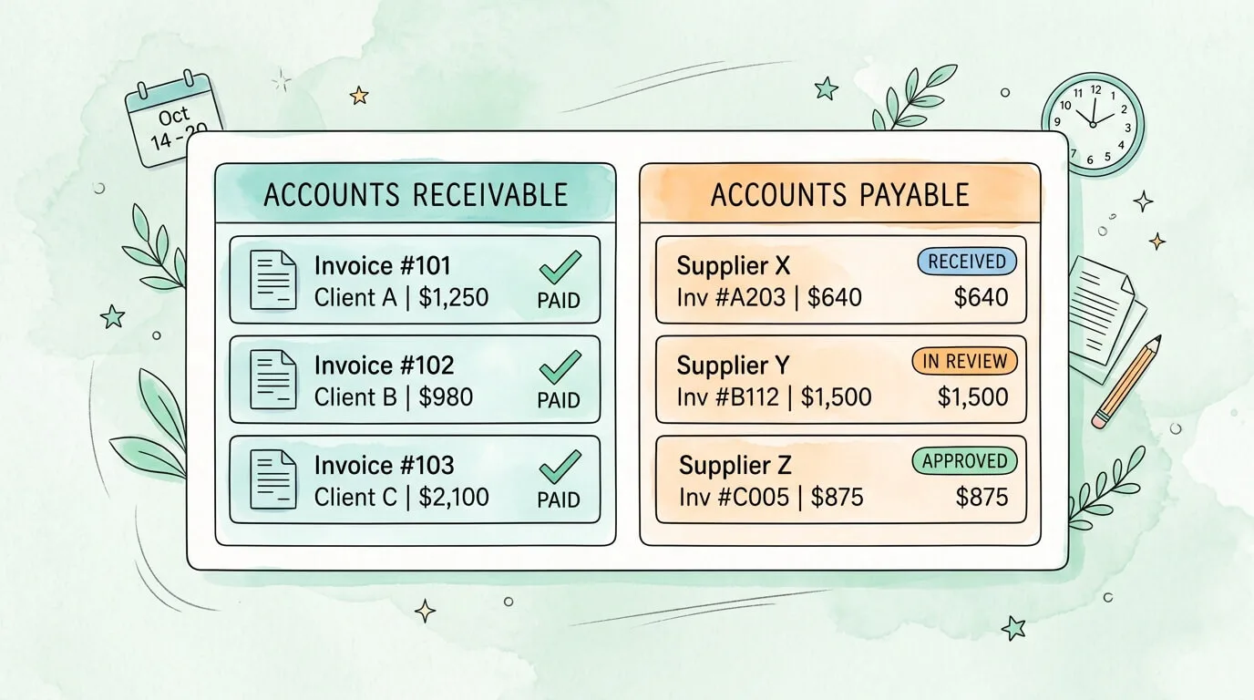 Invoice tracking system showing accounts receivable and accounts payable dashboards side by side, with status indicators for sent, overdue, and paid invoices.