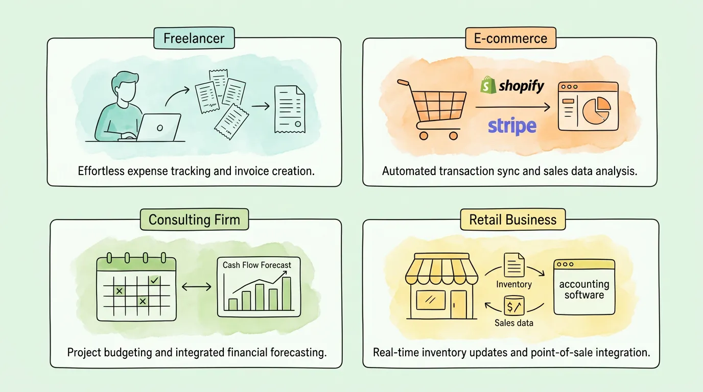 Bookkeeping AI use cases: Freelancer expense tracking, E-commerce sales reconciliation, Consulting firm cash flow forecasting, Retail business inventory integration.