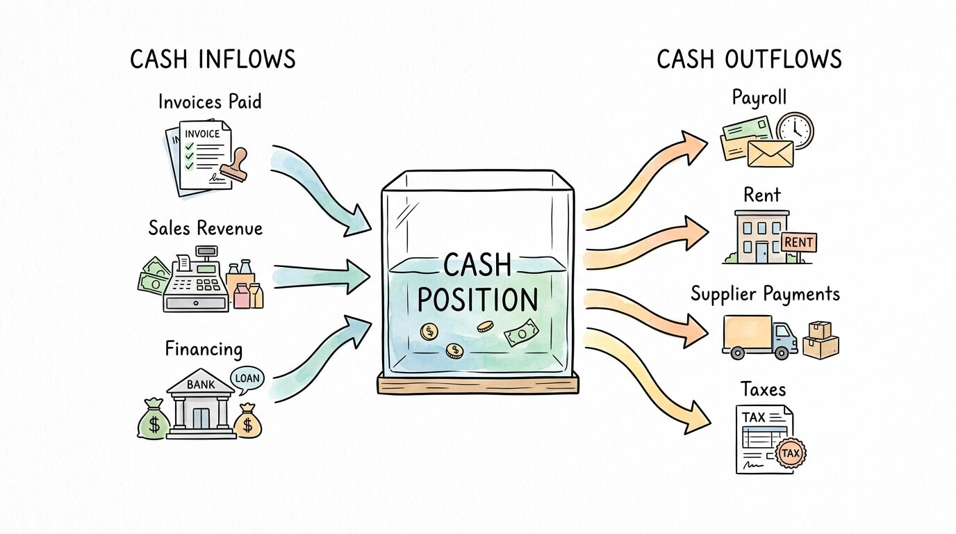 Cash flow diagram for small business showing inflows and outflows to explain how to improve cash flow.