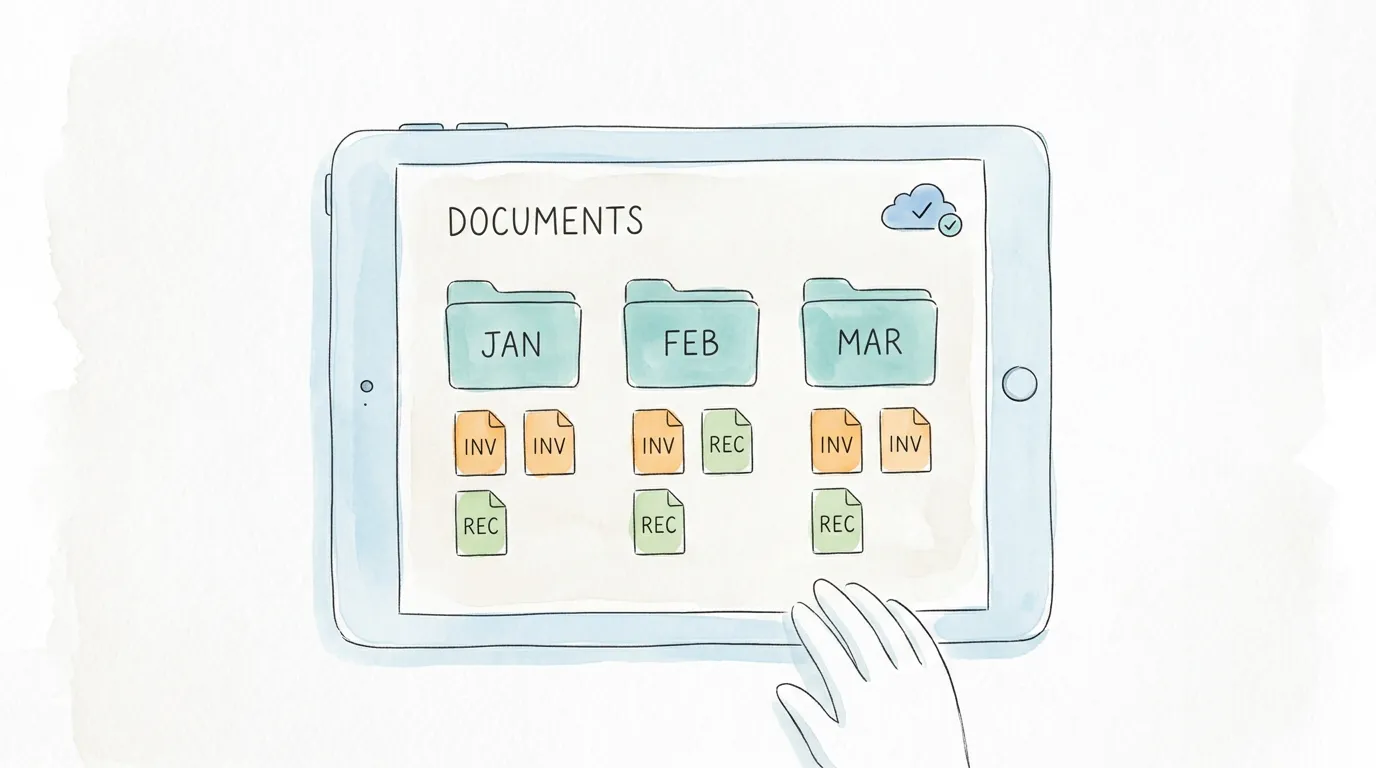 A digital tablet screen showing invoices and receipts organized into monthly folders, illustrating automated document management.