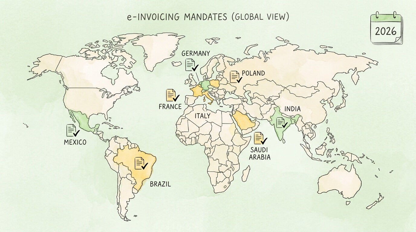World map showing countries with active or announced e-invoicing mandates in 2026.