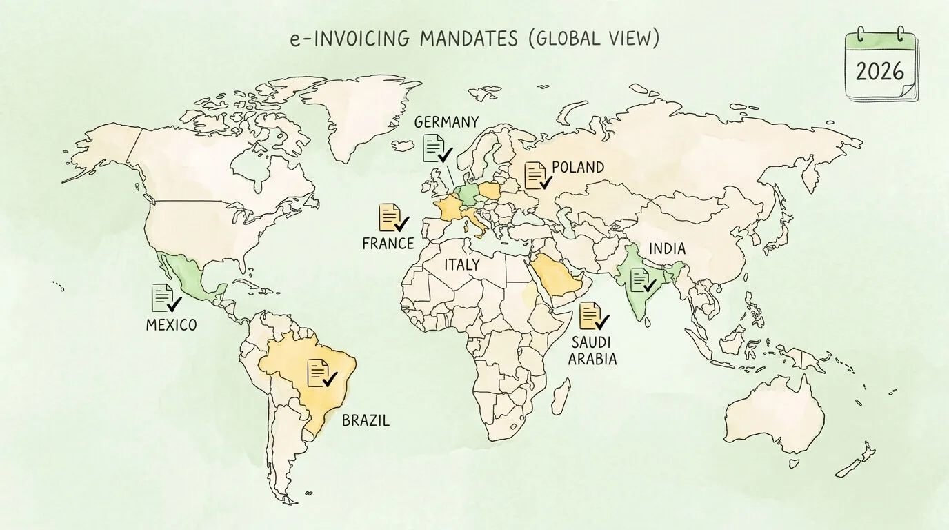 World map showing countries with active or announced e-invoicing mandates in 2026.