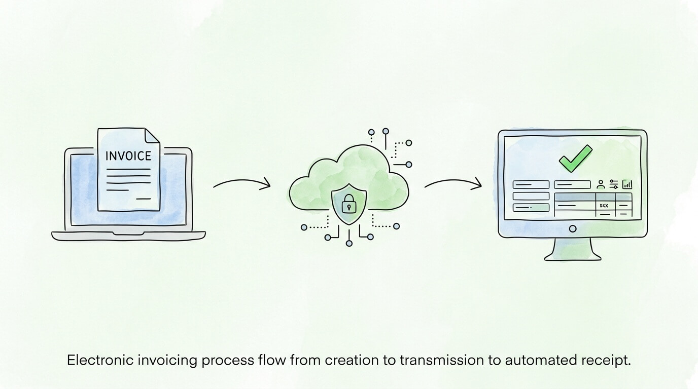 Electronic invoicing process flow from invoice creation to transmission and automated receipt.