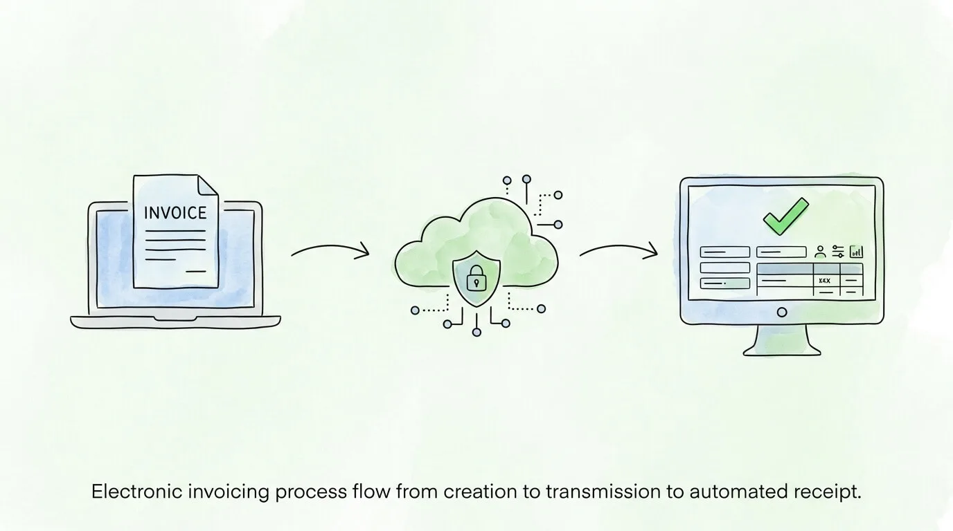 Electronic invoicing process flow from invoice creation to transmission and automated receipt.