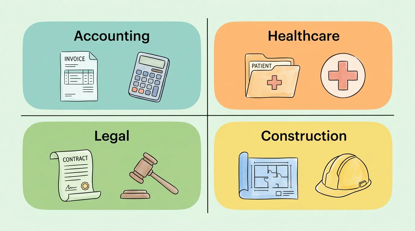 Four quadrants showing EDMS use cases: Accounting (invoices + calculator), Healthcare (patient folders + medical cross), Legal (contract scroll + gavel), Construction (blueprints + hard hat).