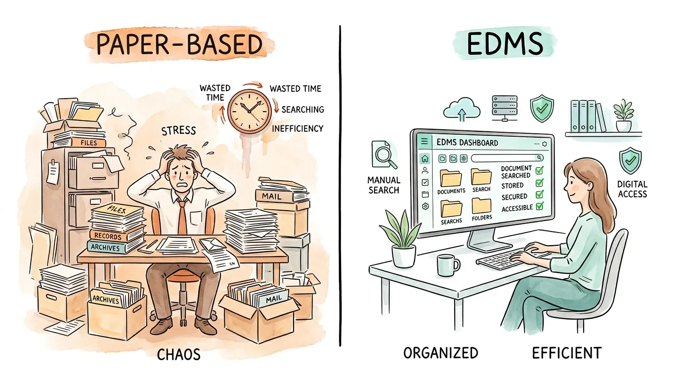 A split-panel illustration comparing a stressed worker drowning in paper files versus a calm professional using a clean EDMS dashboard.