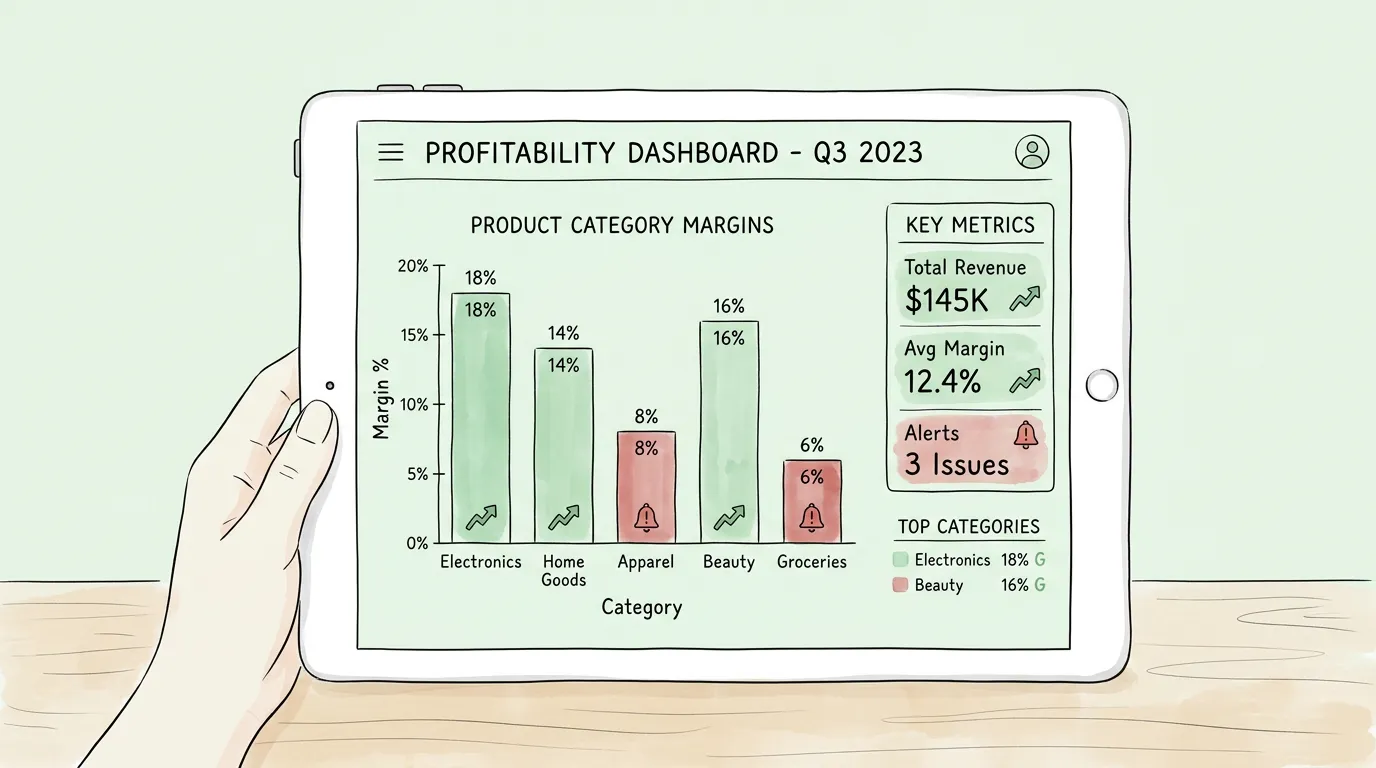 A dashboard visualization showing bar charts and color-coded cells for margin analysis.