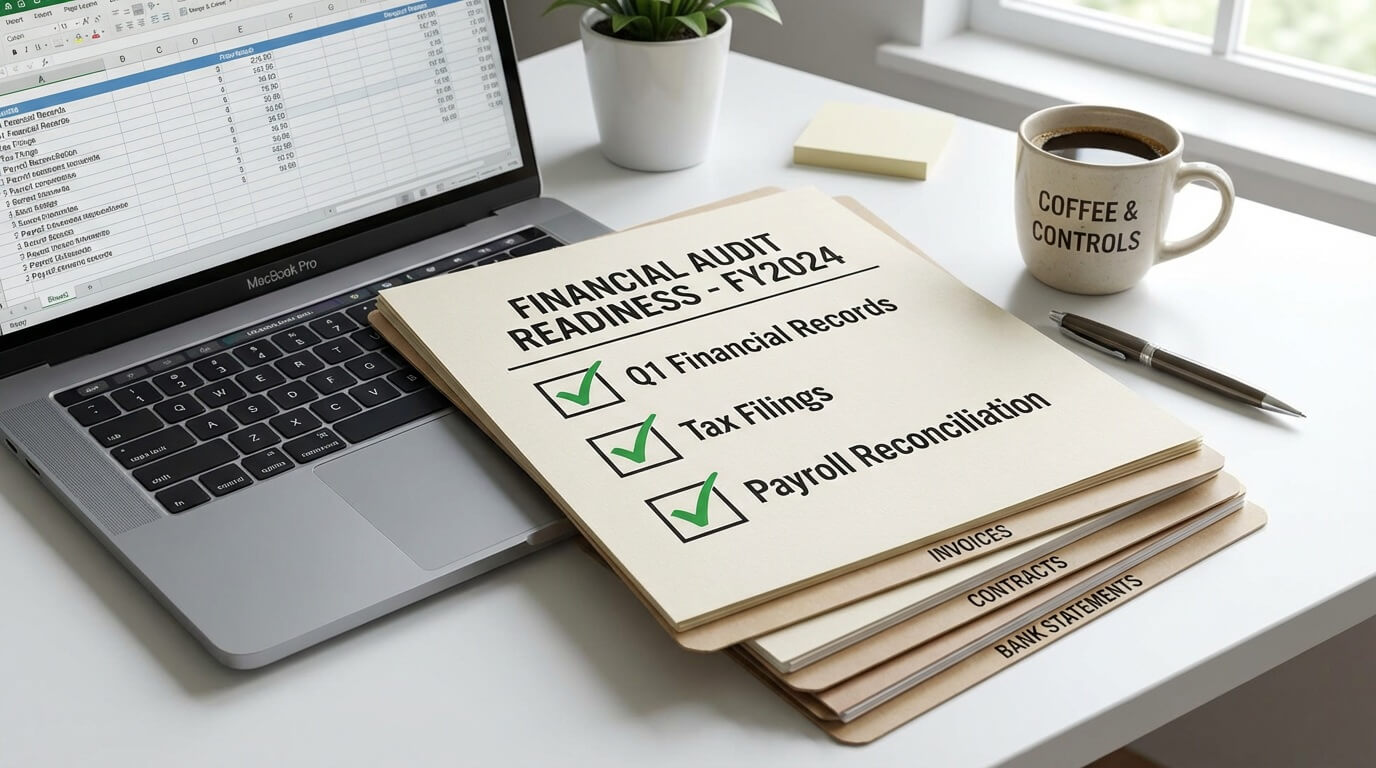 Audit preparation checklist on clipboard beside organized financial documents