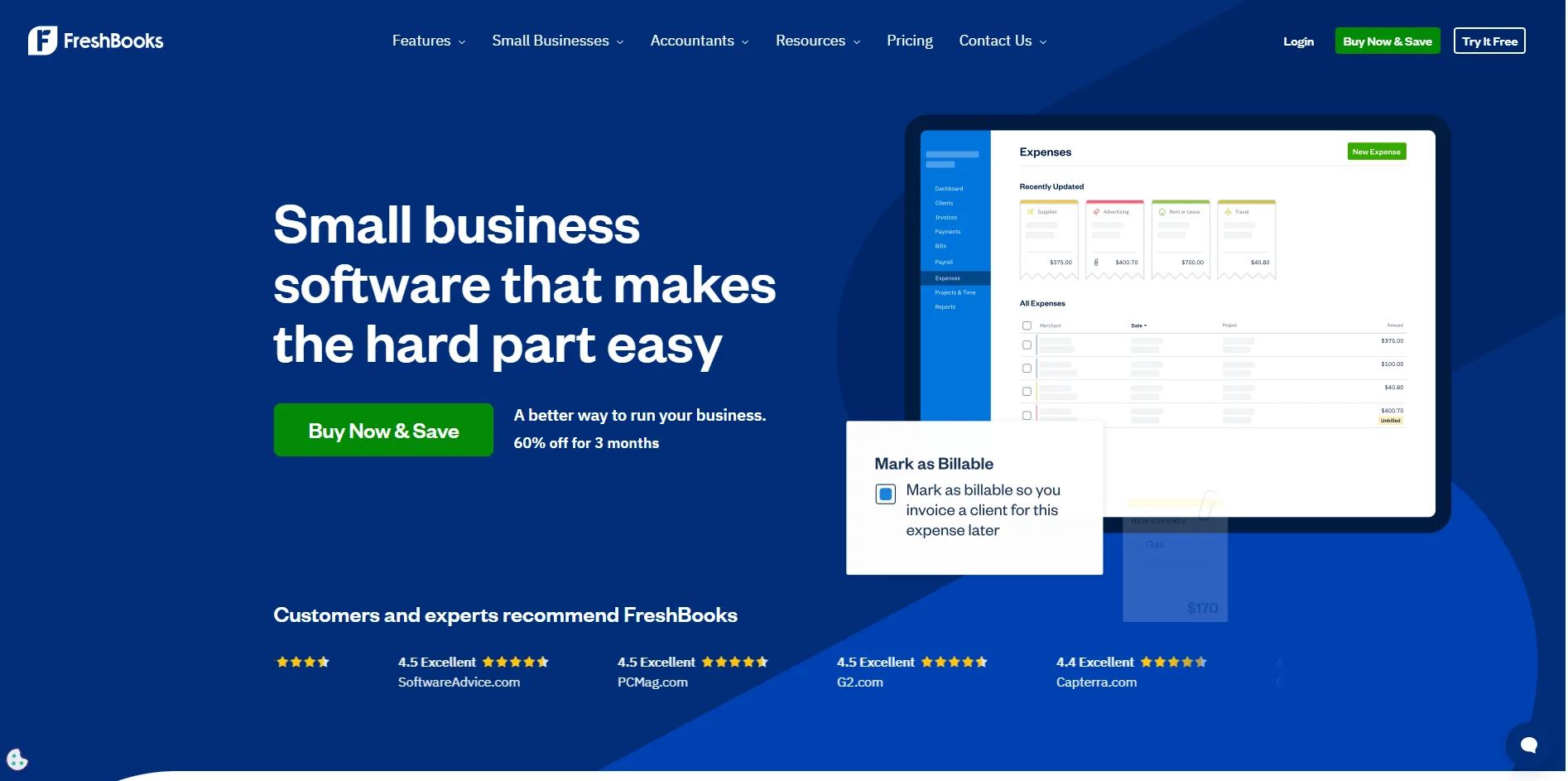 FreshBooks invoice tracking interface designed for freelancers and service businesses, with time tracking and project billing features.