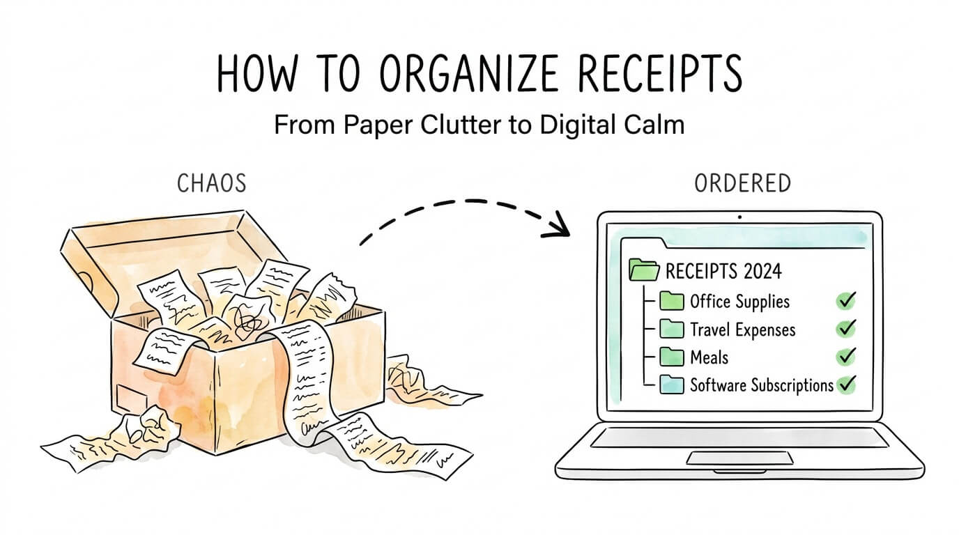 How to organize receipts illustration showing transformation from paper chaos to organized digital system for small business.