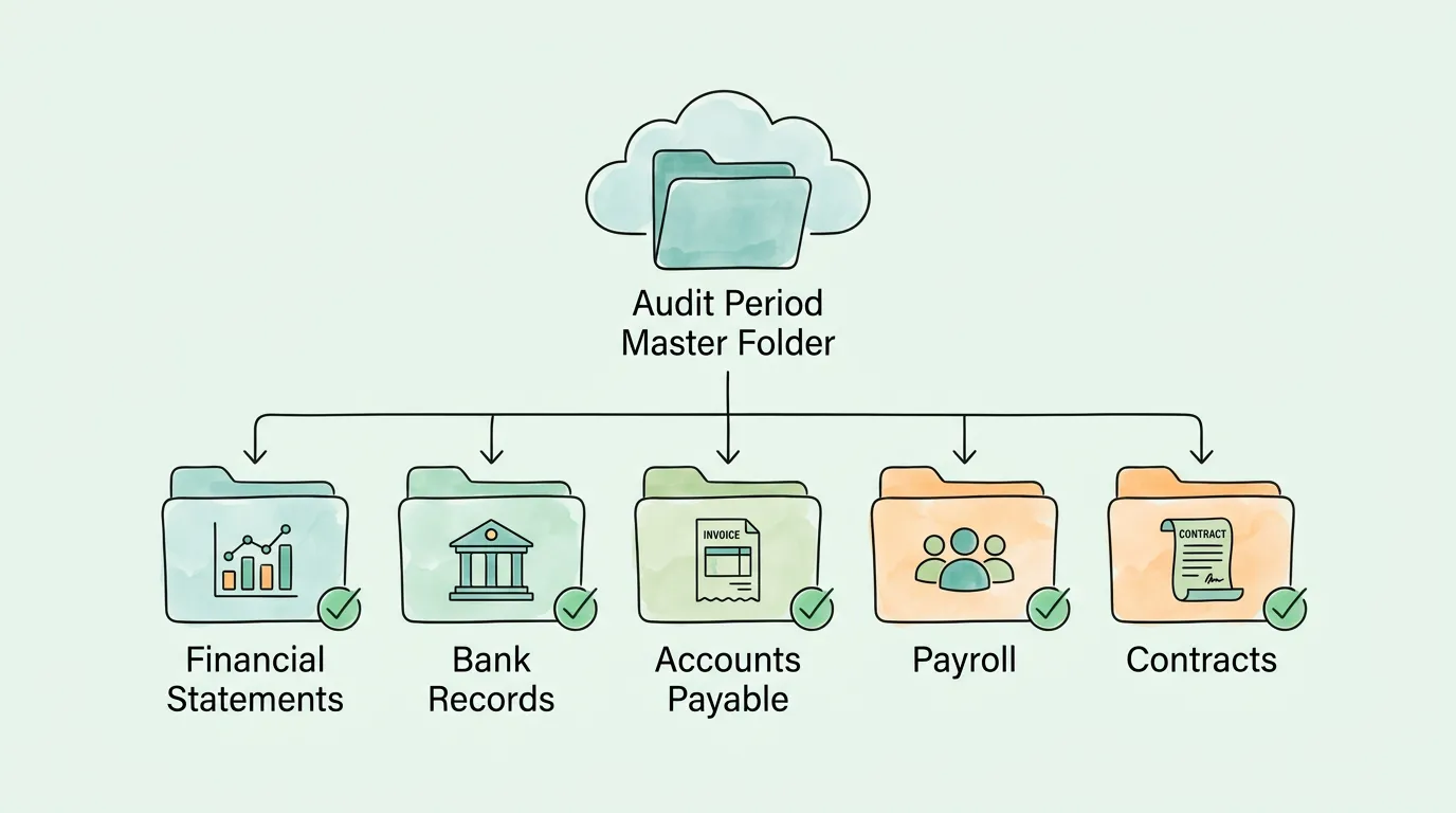 Audit preparation document organization system showing structured folder hierarchy for financial statements, bank records, accounts payable, payroll, and contracts.
