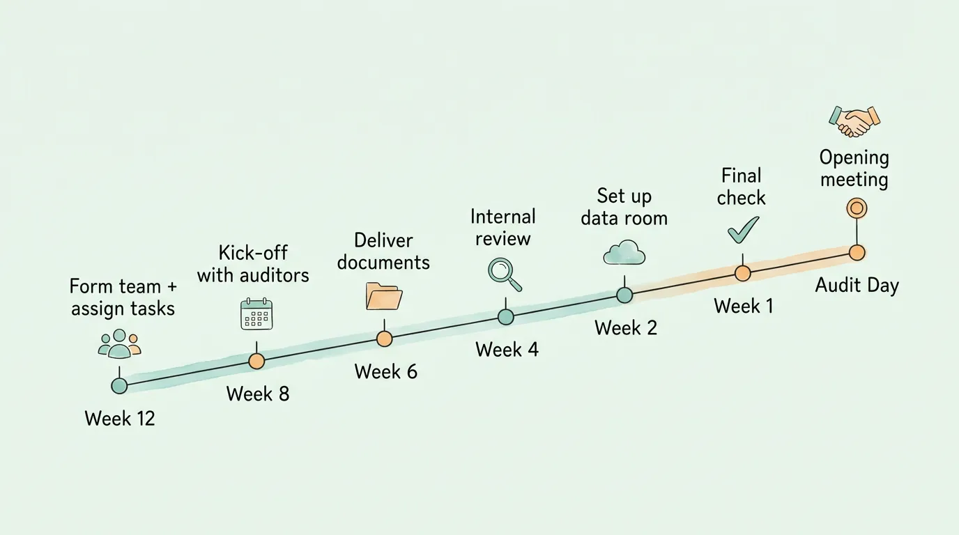 Audit preparation timeline and post-audit action framework showing 12-week pre-audit plan connected to management letter response and continuous improvement cycle.